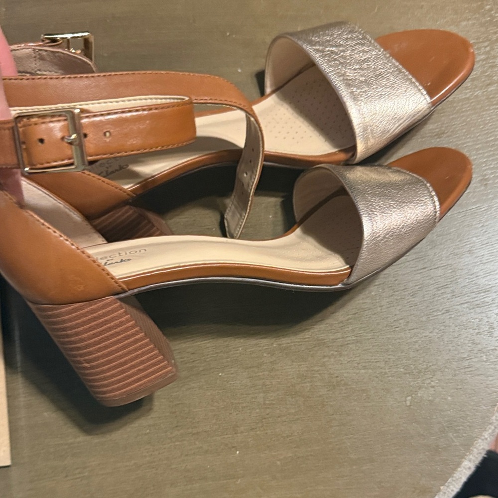 Clarks gold and Tan Heeled Sandals